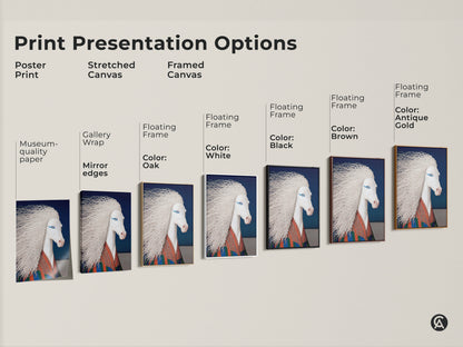 Print presentation options showcasing a surreal white horse art print. Options include poster print stretched canvas and framed canvas. The eclectic fantasy unicorn wall art features blue and orange accents. It's perfect for eclectic home decor.
