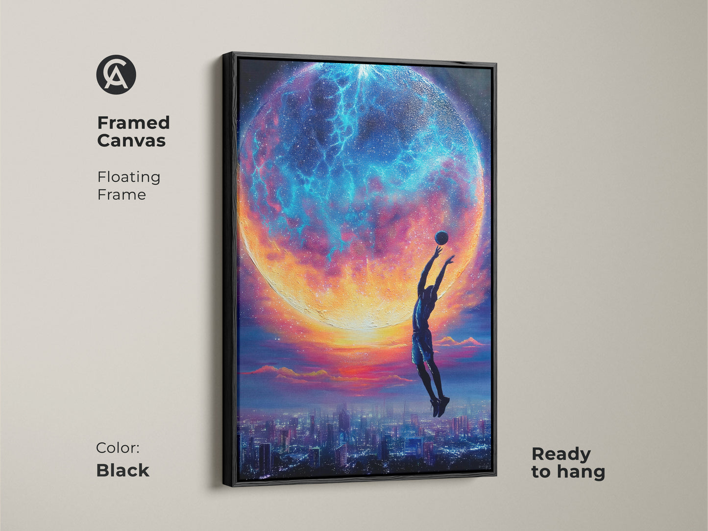 The framed canvas features a surreal basketball player against a space planet background. The art adds a modern touch to any room. The floating frame comes in black. This fantasy cityscape wall art blends sports with cosmic elements. It is ready to hang and inspire.