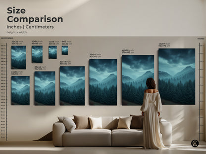 Size comparison of misty blue mountain canvas prints. Ranging from small to large sizes. See how this pine forest artwork fits above a sofa. Transform your living space with nature inspired art.