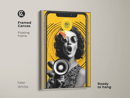 Framed canvas showcasing a retro pop artwork of a woman with a megaphone against a vibrant yellow backdrop. The floating frame comes in white. Add an activist edge to your gallery wall. Ready to hang and easy to display.