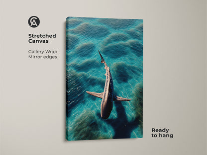 A photorealistic shark on a stretched canvas with turquoise ocean waves. The artwork features a gallery wrap with mirrored edges. This aqua deep blue animal print is ready to hang. Contemporary coastal decor for ocean lovers. An excellent housewarming shark artwork gift idea.