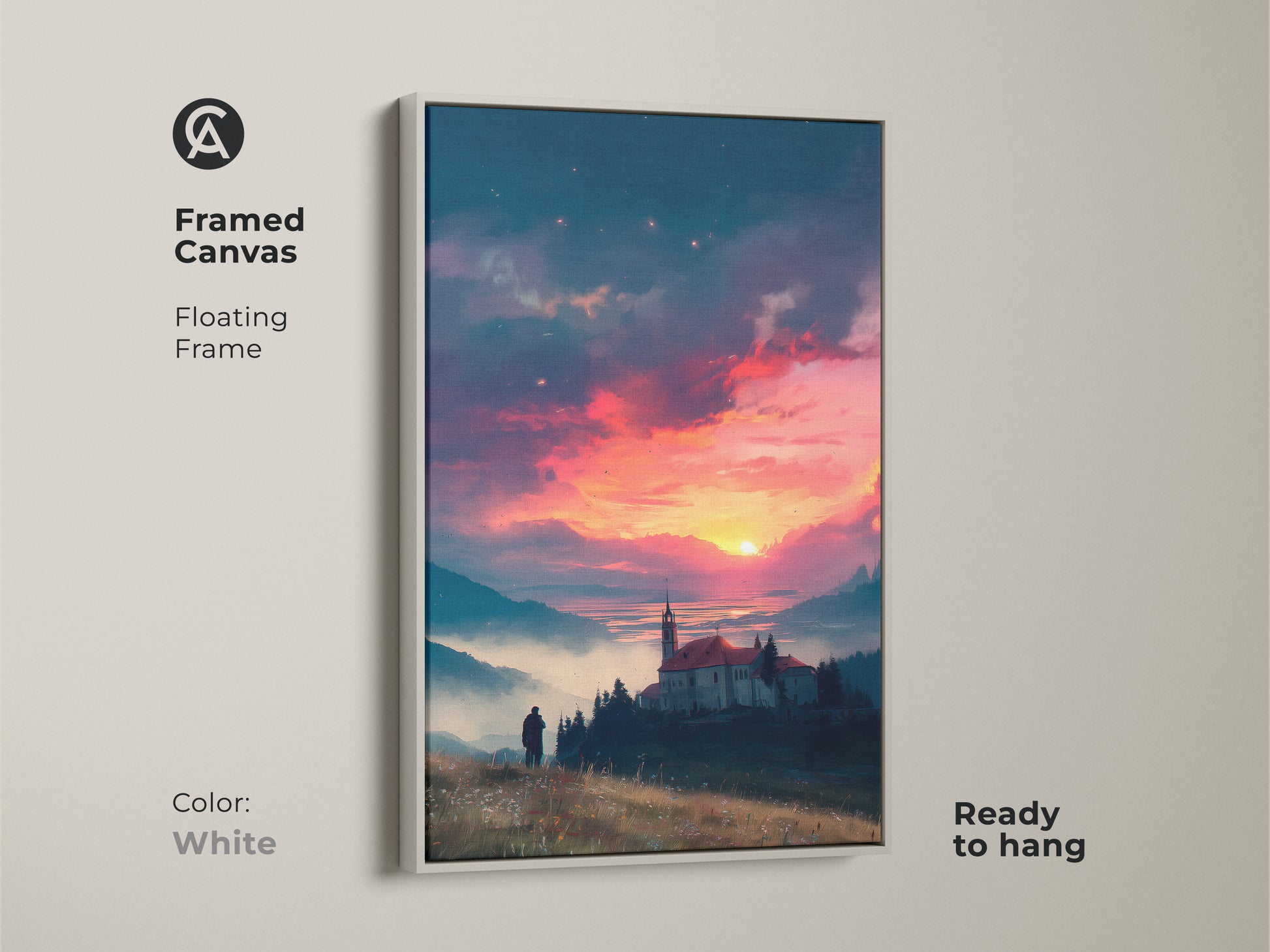 Bring tranquility to your home with this framed canvas artwork. The white floating frame enhances the sunset landscape. The art is ready to hang. The image shows a man by a lake with a church under a colorful sunset sky. A peaceful scene.