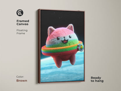 A framed canvas with a brown floating frame features a Kawaii Cat Astronaut. The rainbow ring kitty print is perfect for a nursery. This ready to hang cat art adds cheerful charm to any home. The whimsical animal artwork is a fun cat themed gift and adorable kitty astronaut decor.
