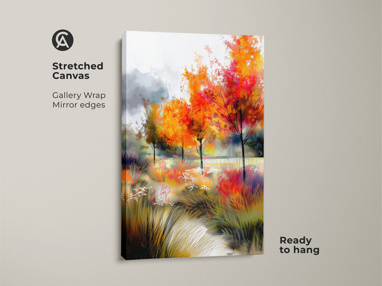 Transform your space with this stunning stretched canvas art. This gallery-wrapped canvas features a captivating autumn trees landscape with mirror edges. Ready to hang this artwork will effortlessly enhance your home decor. Enjoy the beauty of nature with this high-quality canvas print.