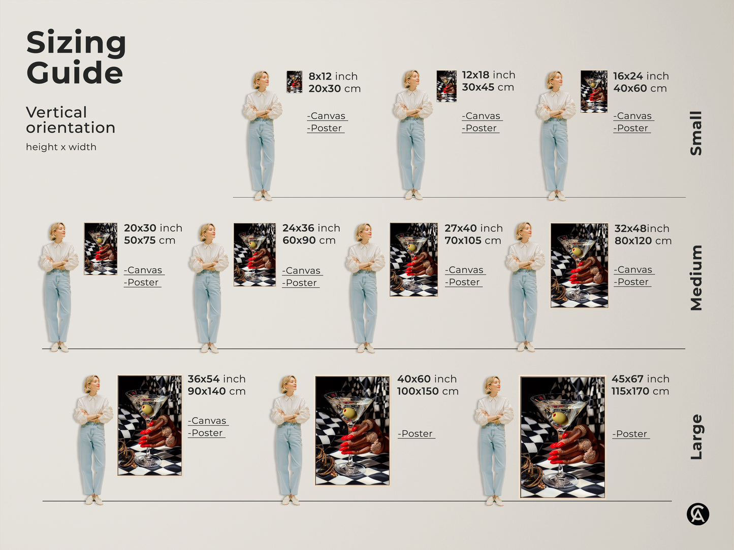 Sizing guide for vertical martini art prints. Available as canvas or poster in sizes from 8x12 inch to 45x67 inch. Art deco cocktail artwork featuring gold jewelry red nails and a black and white checkered background. Perfect for adding glamorous contemporary style to any space.