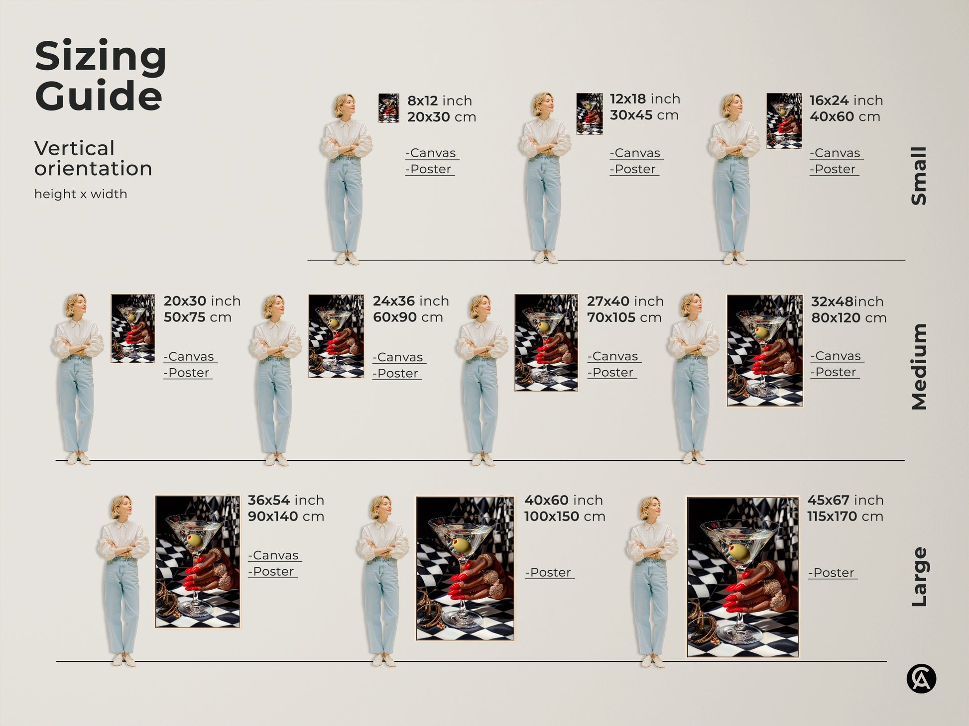 Sizing guide for vertical martini art prints. Available as canvas or poster in sizes from 8x12 inch to 45x67 inch. Art deco cocktail artwork featuring gold jewelry red nails and a black and white checkered background. Perfect for adding glamorous contemporary style to any space.