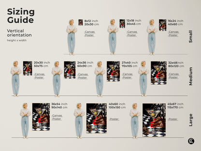 Sizing guide for vertical martini art prints. Available as canvas or poster in sizes from 8x12 inch to 45x67 inch. Art deco cocktail artwork featuring gold jewelry red nails and a black and white checkered background. Perfect for adding glamorous contemporary style to any space.