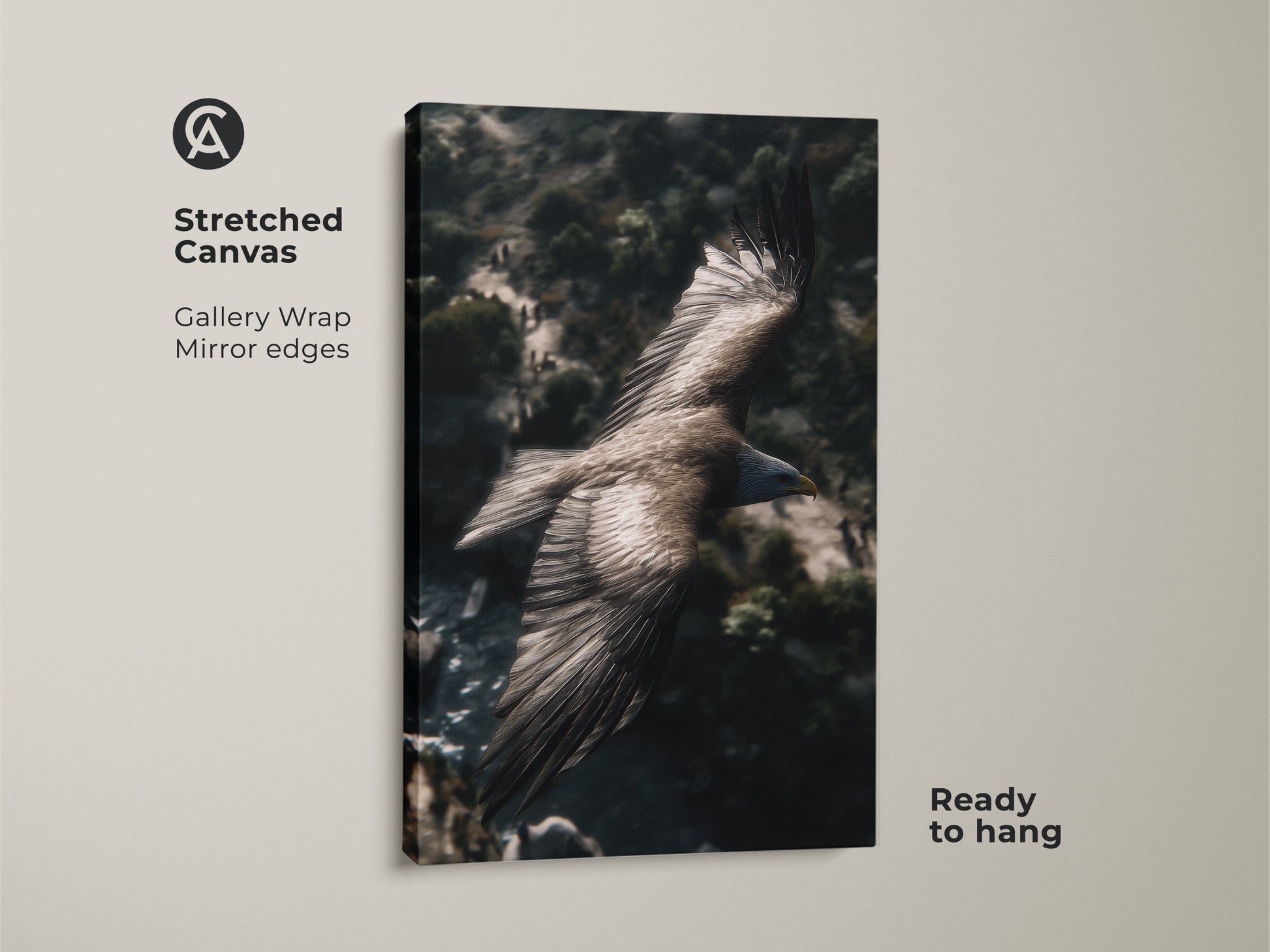 A wildlife art print of an eagle in flight on stretched canvas. Gallery wrap with mirror edges displays a rustic mountain landscape. It arrives ready to hang ideal avian wildlife decor.