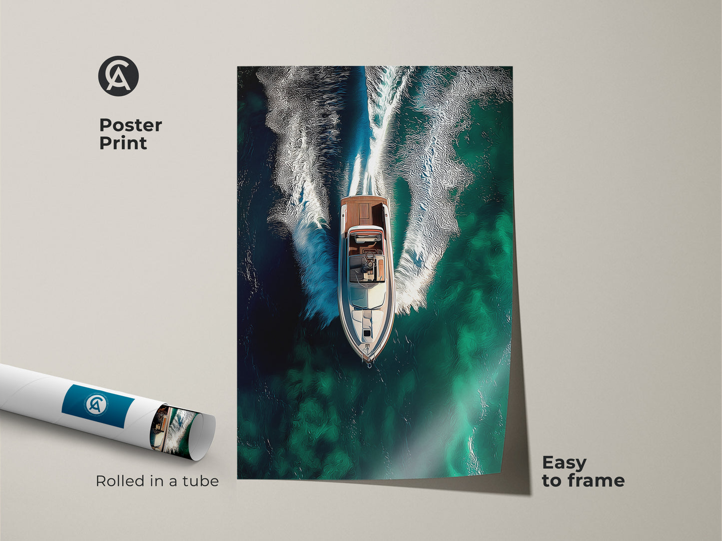 Get this vibrant speedboat poster print. The contemporary boat artwork is easy to frame. This abstract sea and boat artwork adds a modern touch. The teal ocean waves wall art is a perfect gift. It's ideal for nautical themed decor.