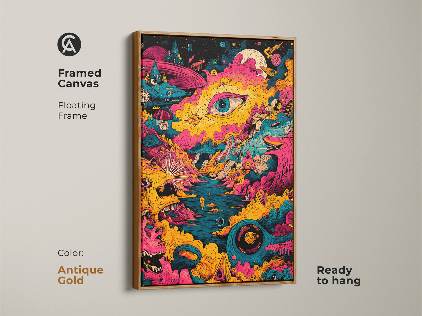 Framed canvas print with an antique gold floating frame. This psychedelic artwork is ready to hang. The frame enhances the artwork's vibrant colors. The surreal design is a captivating addition to any art collection. It brings a unique and stylish flair to home interiors.