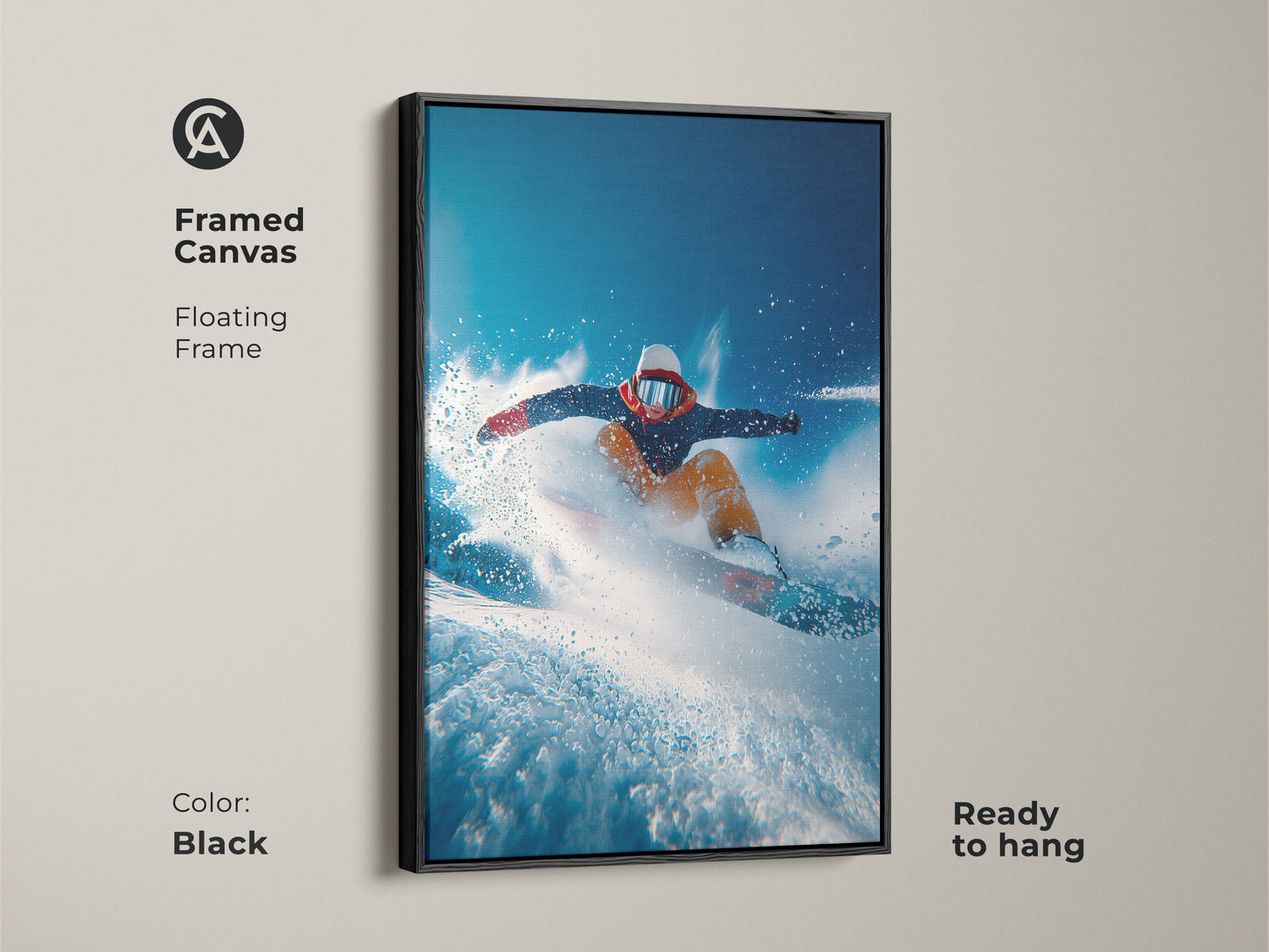 Framed canvas art features a snowboarder in mid-air. The floating frame is black and ready to hang. This action art adds energy to any room. A perfect piece for sports enthusiasts.