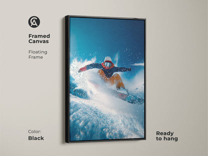 Framed canvas art features a snowboarder in mid-air. The floating frame is black and ready to hang. This action art adds energy to any room. A perfect piece for sports enthusiasts.