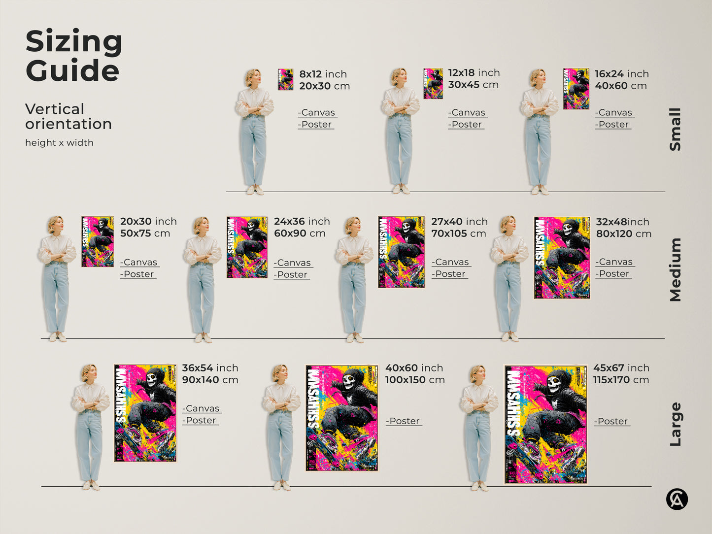 Sizing guide for skull skateboarder art prints. Vertical orientation options available in small medium and large sizes. Find the perfect fit for your space with canvas and poster options. Visualize the artwork's impact with our helpful guide. Transform your walls with the right size.
