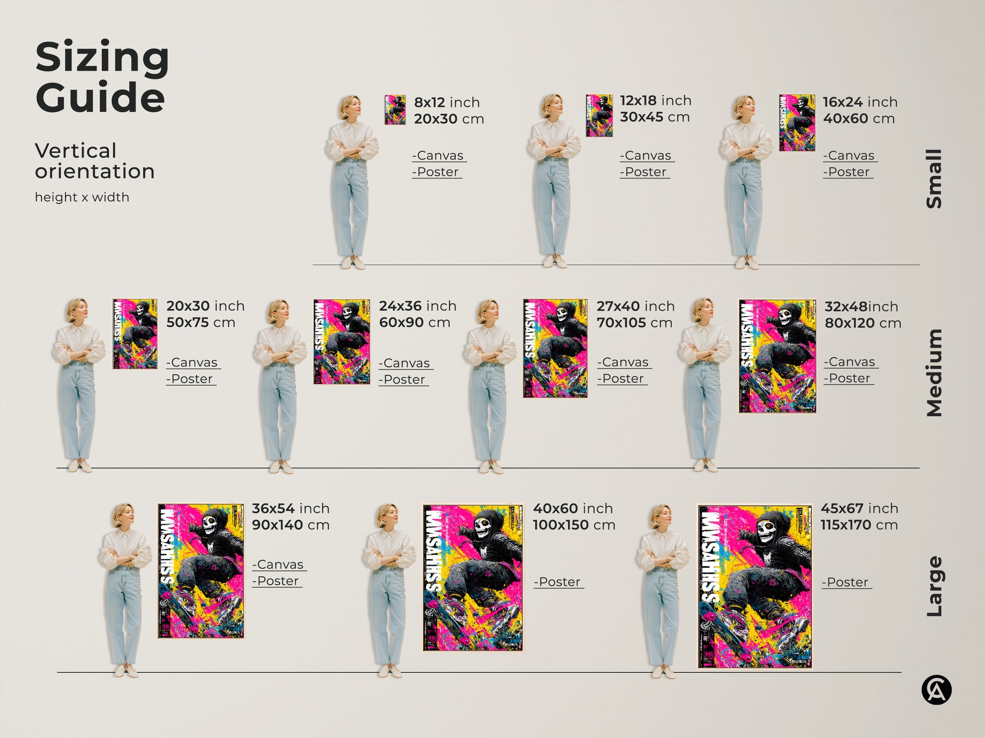 Sizing guide for skull skateboarder art prints. Vertical orientation options available in small medium and large sizes. Find the perfect fit for your space with canvas and poster options. Visualize the artwork's impact with our helpful guide. Transform your walls with the right size.