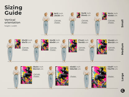 Sizing guide for skull skateboarder art prints. Vertical orientation options available in small medium and large sizes. Find the perfect fit for your space with canvas and poster options. Visualize the artwork's impact with our helpful guide. Transform your walls with the right size.