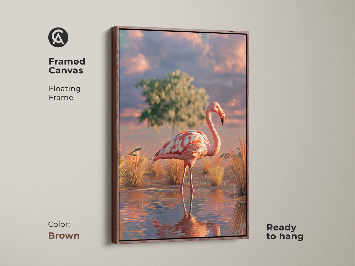 Framed canvas showcasing a photorealistic flamingo in a savanna landscape. Brown floating frame complements the pink teal orange boho artwork. Ready to hang this bird lover gift brings nature indoors. A unique animal print for wall art.