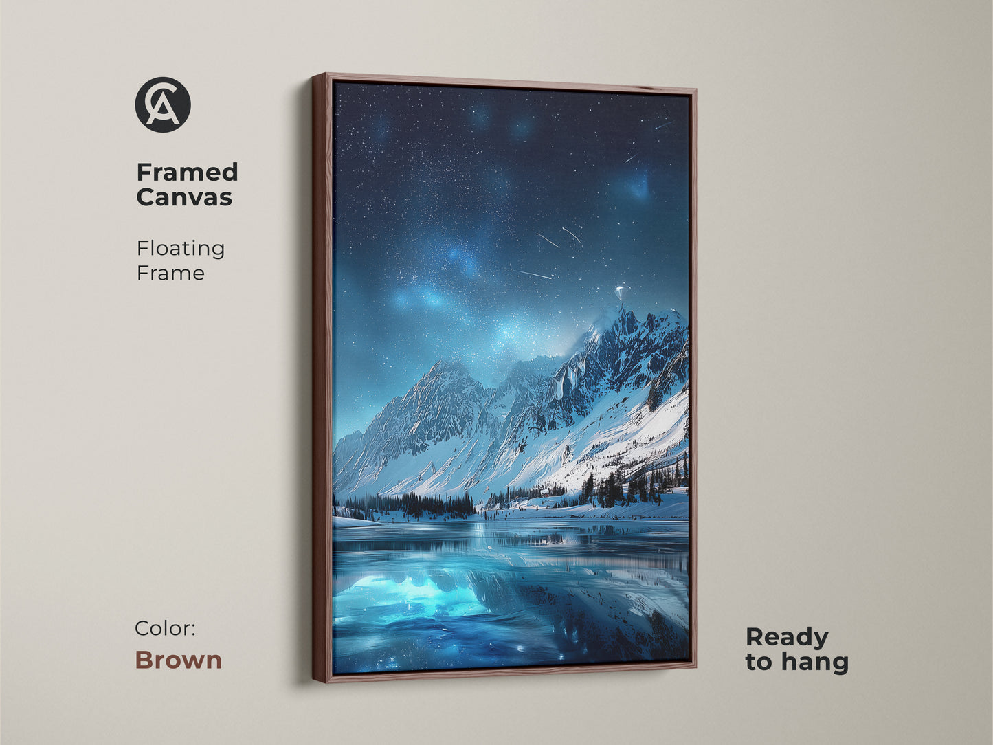 Framed canvas featuring Starry Night Sky Over Mountain Lake. This brown floating frame is ready to hang. The winter mountain panorama makes great art for nature lovers. This fantasy art is perfect for your home.