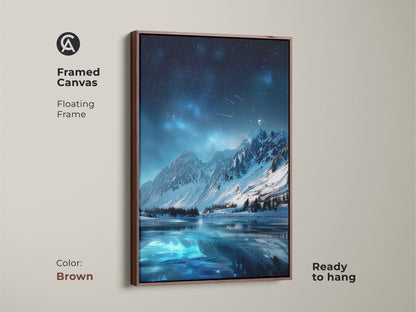 Framed canvas featuring Starry Night Sky Over Mountain Lake. This brown floating frame is ready to hang. The winter mountain panorama makes great art for nature lovers. This fantasy art is perfect for your home.