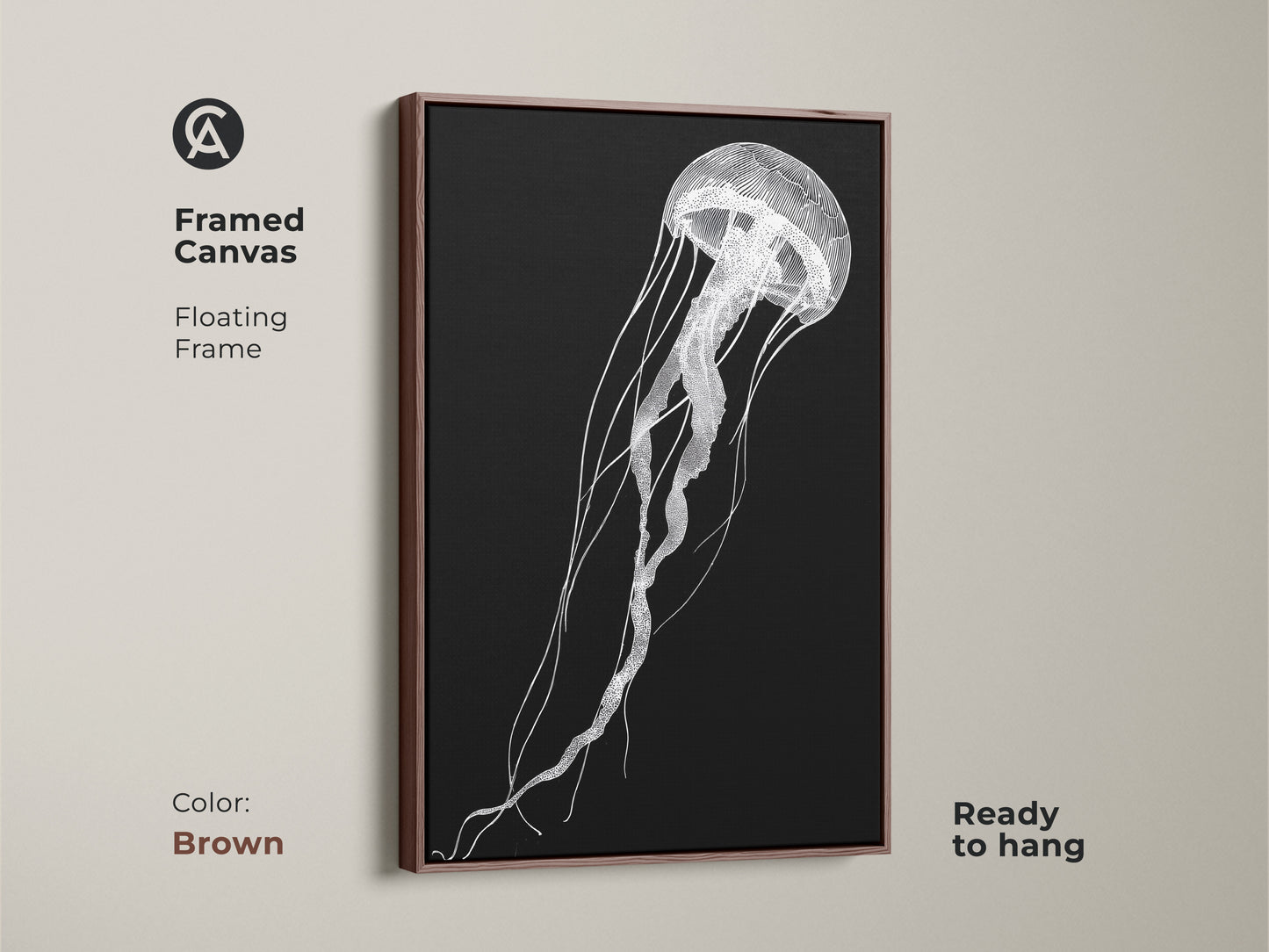 A framed canvas features minimalist jellyfish artwork with a floating brown frame. This contemporary sea life decor is ready to hang. The black and white line art adds sophistication to any space.