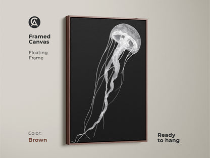 A framed canvas features minimalist jellyfish artwork with a floating brown frame. This contemporary sea life decor is ready to hang. The black and white line art adds sophistication to any space.