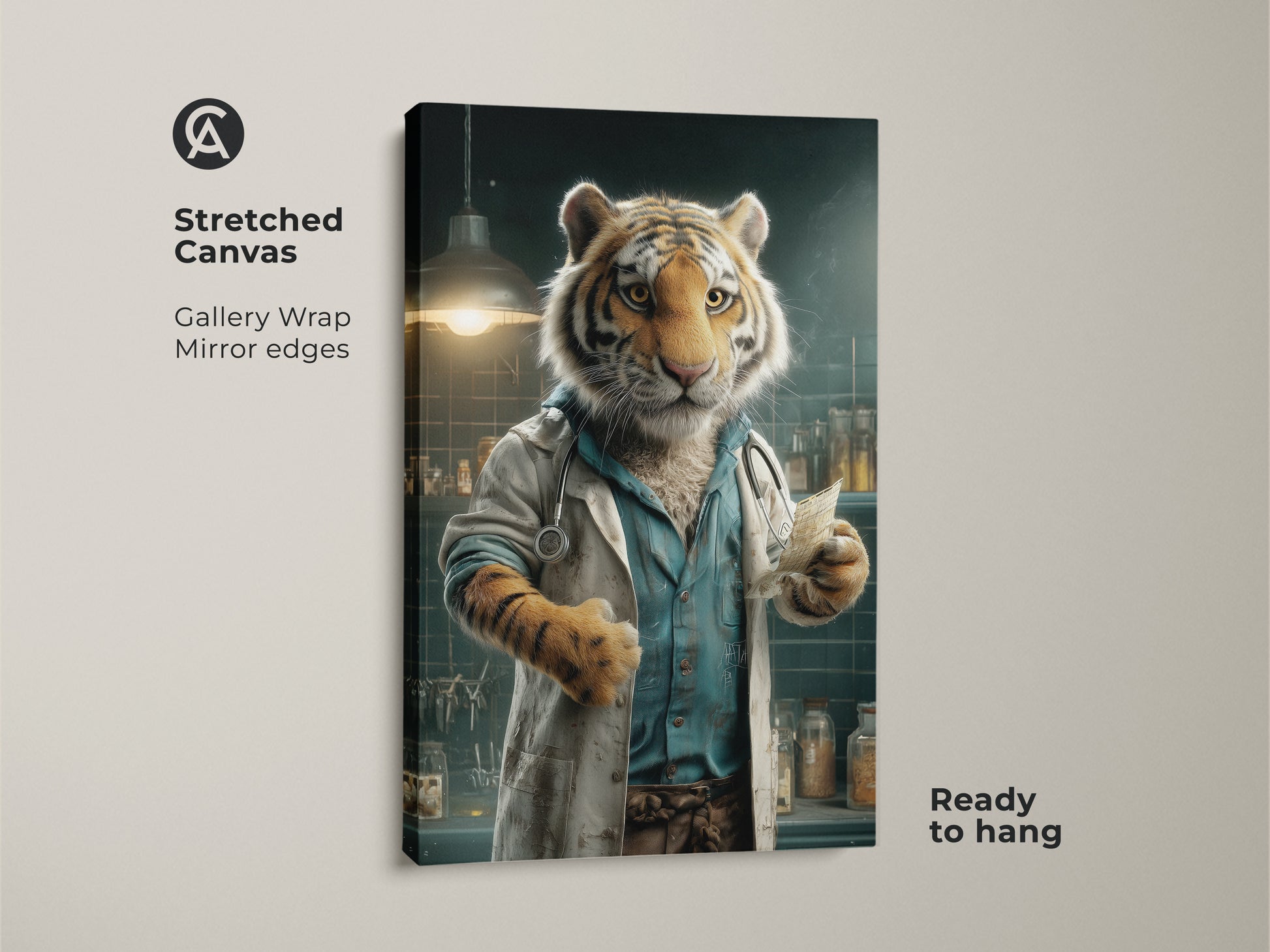 A stretched canvas featuring a tiger dressed as a doctor. The artwork is gallery wrapped with mirrored edges. It comes ready to hang. This canvas print is a unique addition to any room. Perfect for adding a touch of humor to your home