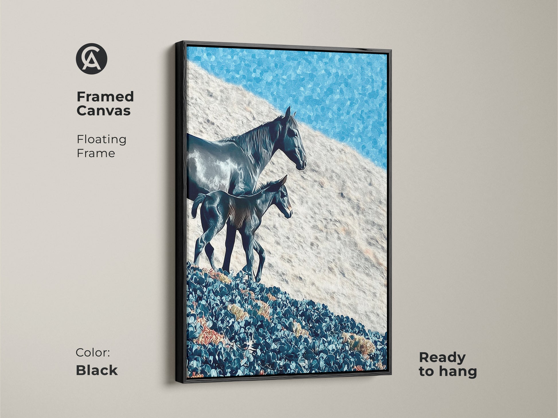Framed canvas with a floating frame shows a horse and foal. The deep blue sky art enhances the rustic horse painting. This equestrian bedroom decor is ready to hang in a black frame. The frame color is black.