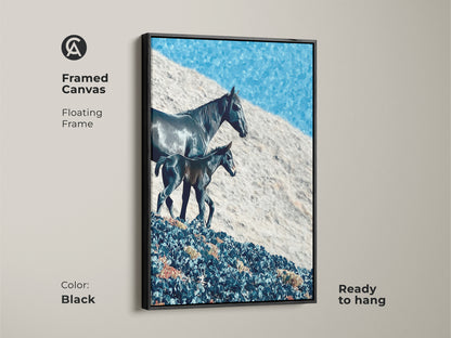 Framed canvas with a floating frame shows a horse and foal. The deep blue sky art enhances the rustic horse painting. This equestrian bedroom decor is ready to hang in a black frame. The frame color is black.