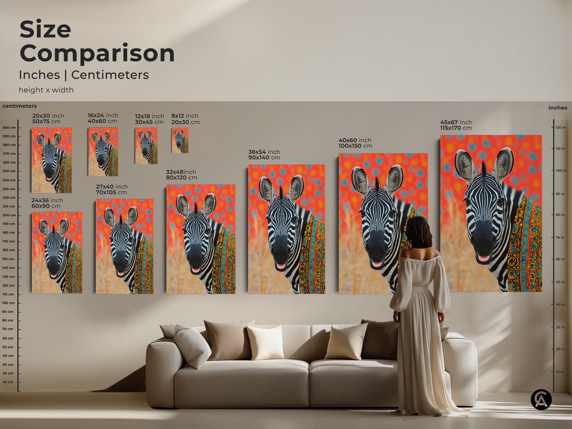 Size comparison for tribal zebra canvas. See inches and centimeters for each artwork. Sizes range from small to extra large. Woman in dress in image to help show size relation. A perfect boho animal print for any space. Adds global flair.