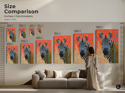 Size comparison for tribal zebra canvas. See inches and centimeters for each artwork. Sizes range from small to extra large. Woman in dress in image to help show size relation. A perfect boho animal print for any space. Adds global flair.
