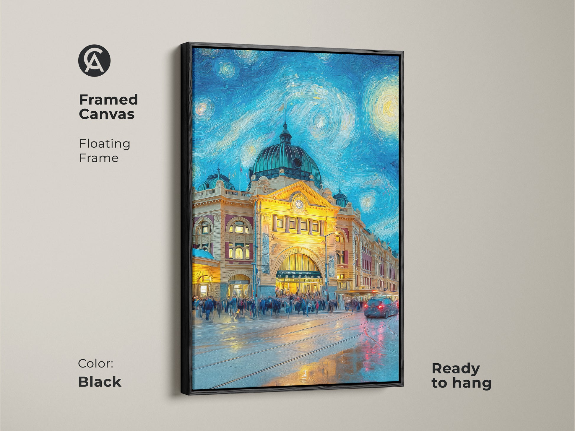 Black framed canvas art print of Flinders Street Station. This ready-to-hang artwork features a floating frame. The painting showcases a Starry Night style. It will add a touch of elegance to any room.