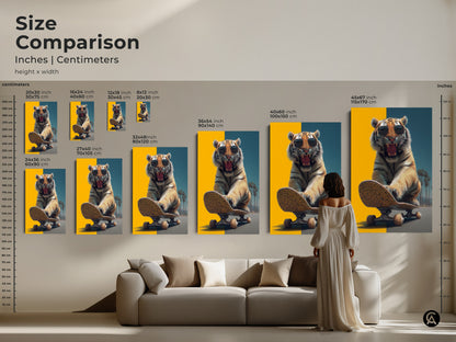 Compare sizes of the tiger on skateboard canvas and poster art. Inches and centimeters are both shown. See how this wildlife artwork fits above a couch. Visualize the statement this print makes in any room. It is a unique animal lover gift idea.