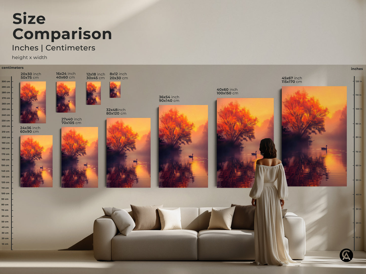 Compare sizes of our canvas and poster art. Sizes vary from small to large. Each artwork features a peaceful lake scene with a swan. It has a fiery tree. Visualize how each size will transform your living space. Shop now and bring nature's beauty into your home decor.