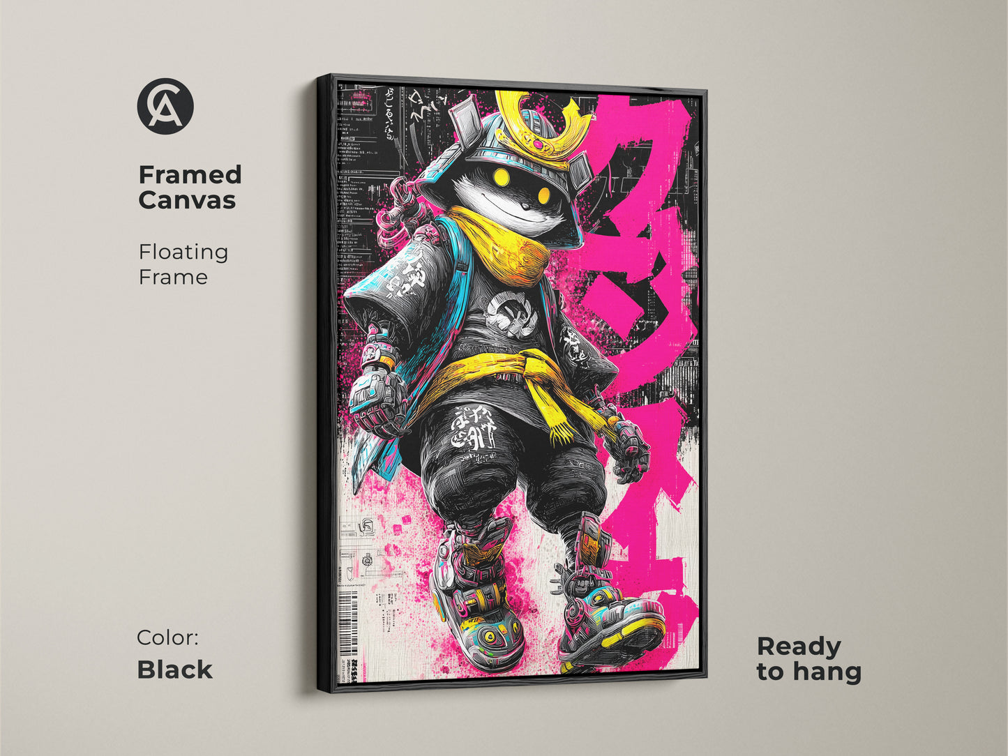 Framed canvas of Samurai Cat artwork with a black floating frame. The artwork features a cat dressed as a samurai warrior. The cat wears a golden helmet and yellow scarf. The art is ready to hang. The black frame adds a touch of sophistication.
