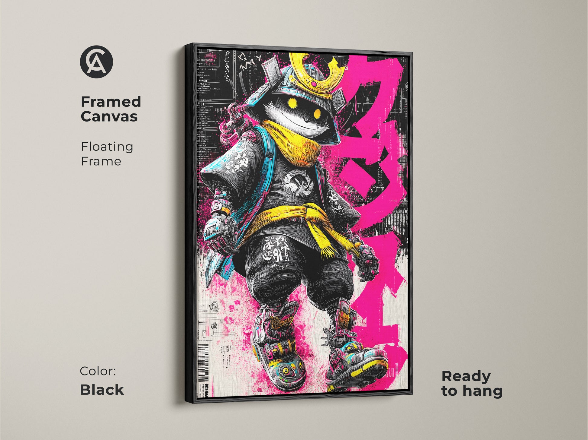 Framed canvas of Samurai Cat artwork with a black floating frame. The artwork features a cat dressed as a samurai warrior. The cat wears a golden helmet and yellow scarf. The art is ready to hang. The black frame adds a touch of sophistication.