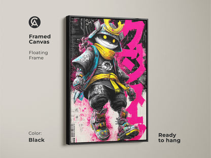 Framed canvas of Samurai Cat artwork with a black floating frame. The artwork features a cat dressed as a samurai warrior. The cat wears a golden helmet and yellow scarf. The art is ready to hang. The black frame adds a touch of sophistication.