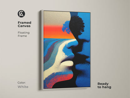 Various print presentation options for a couple faces tree landscape artwork. Options include poster print stretched canvas and framed canvas. Choose from black brown white or antique gold frames.