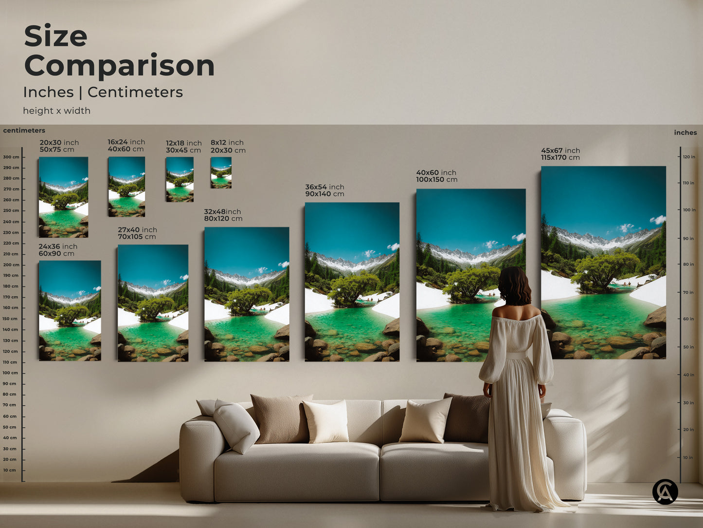 A size comparison of inches and centimeters shows the available art print sizes. See how the artwork looks in a living room setting. Choose the perfect size for your wall decor.