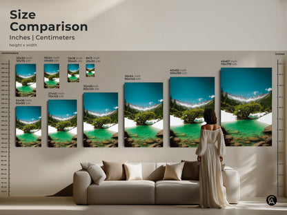 A size comparison of inches and centimeters shows the available art print sizes. See how the artwork looks in a living room setting. Choose the perfect size for your wall decor.