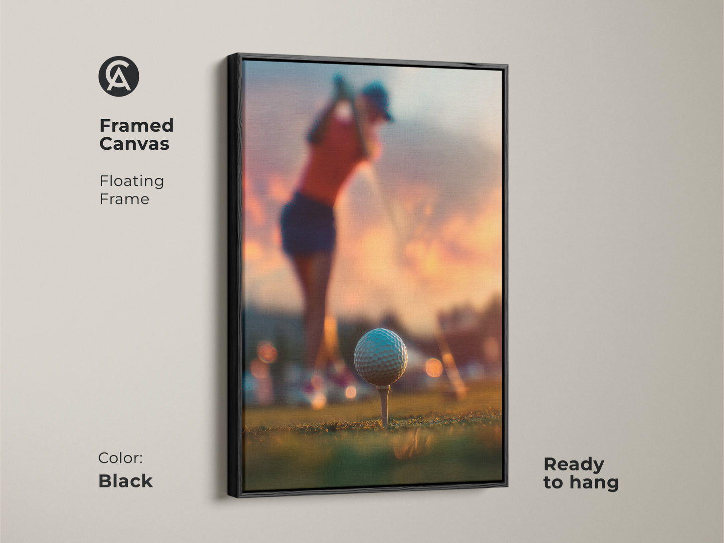 Framed canvas of golf art in a black floating frame. The artwork shows a golfer mid-swing. The golf ball is teed up. Sunset creates a beautiful backdrop. Ready to hang golf art. Perfect for sports enthusiasts or a golf lover's wall art collection.