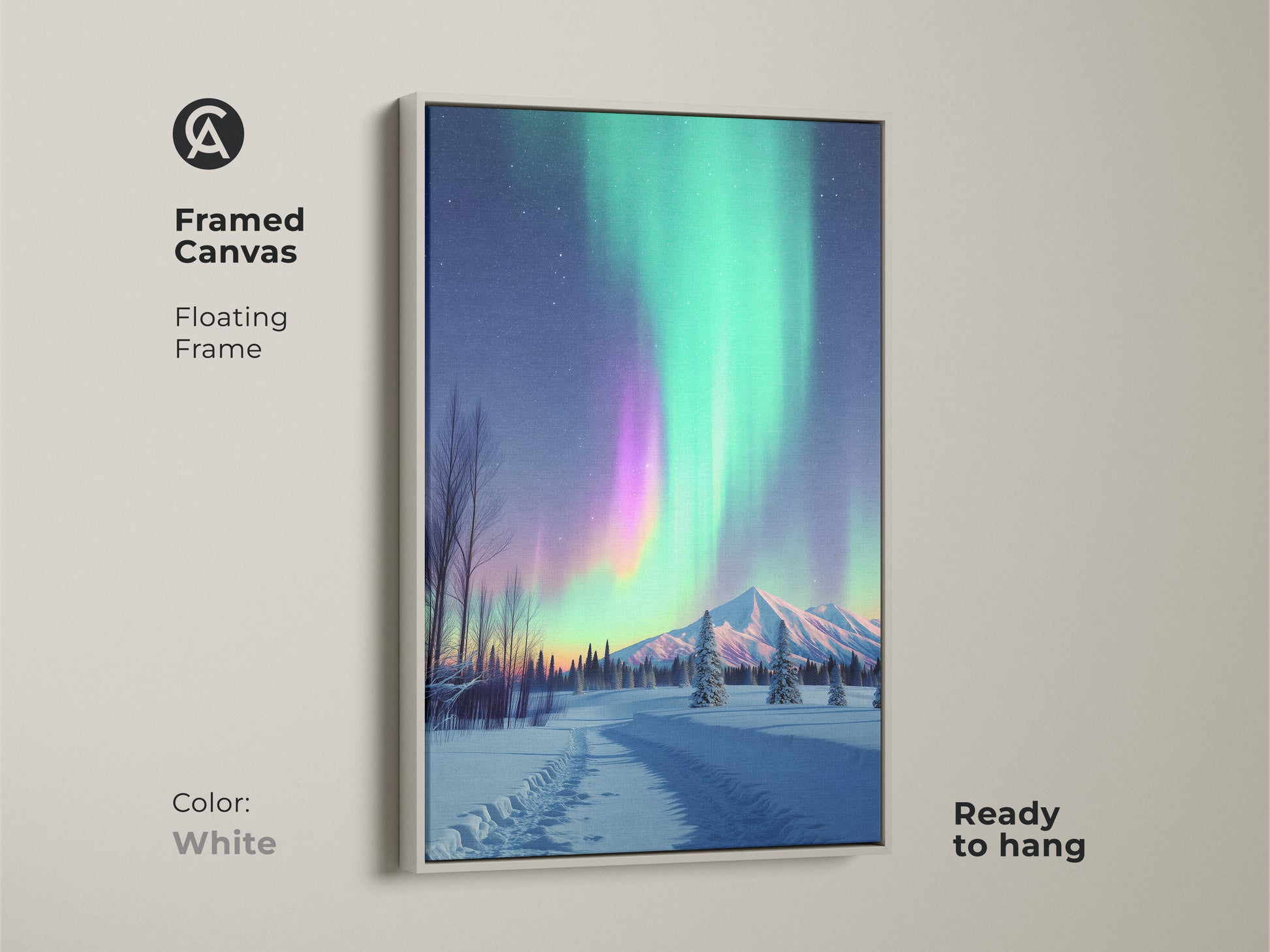 Framed canvas featuring the Northern Lights ready to hang in a white floating frame. Aurora Borealis is displayed over a snowy mountain landscape. This green and purple artwork adds contemporary style. It is a perfect piece for bedroom living room or home office wall decor.