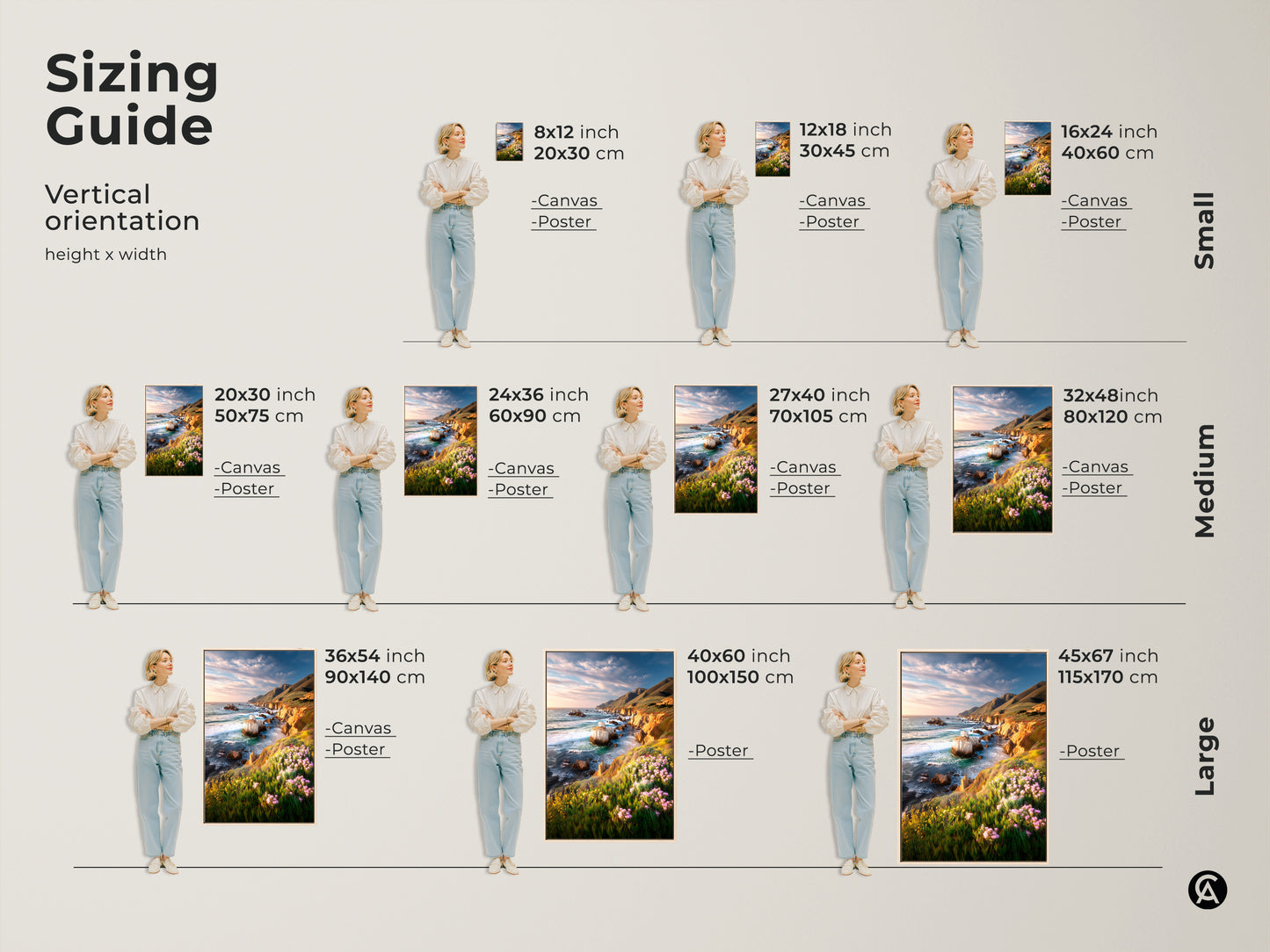 Sizing guide for vertical coastal cliff ocean canvas and poster art. Visualize art in 8x12 to 45x67 inches. This guide helps you select the perfect size for your space. Featuring vibrant wildflowers and a scenic ocean landscape. Ideal for housewarming gifts.