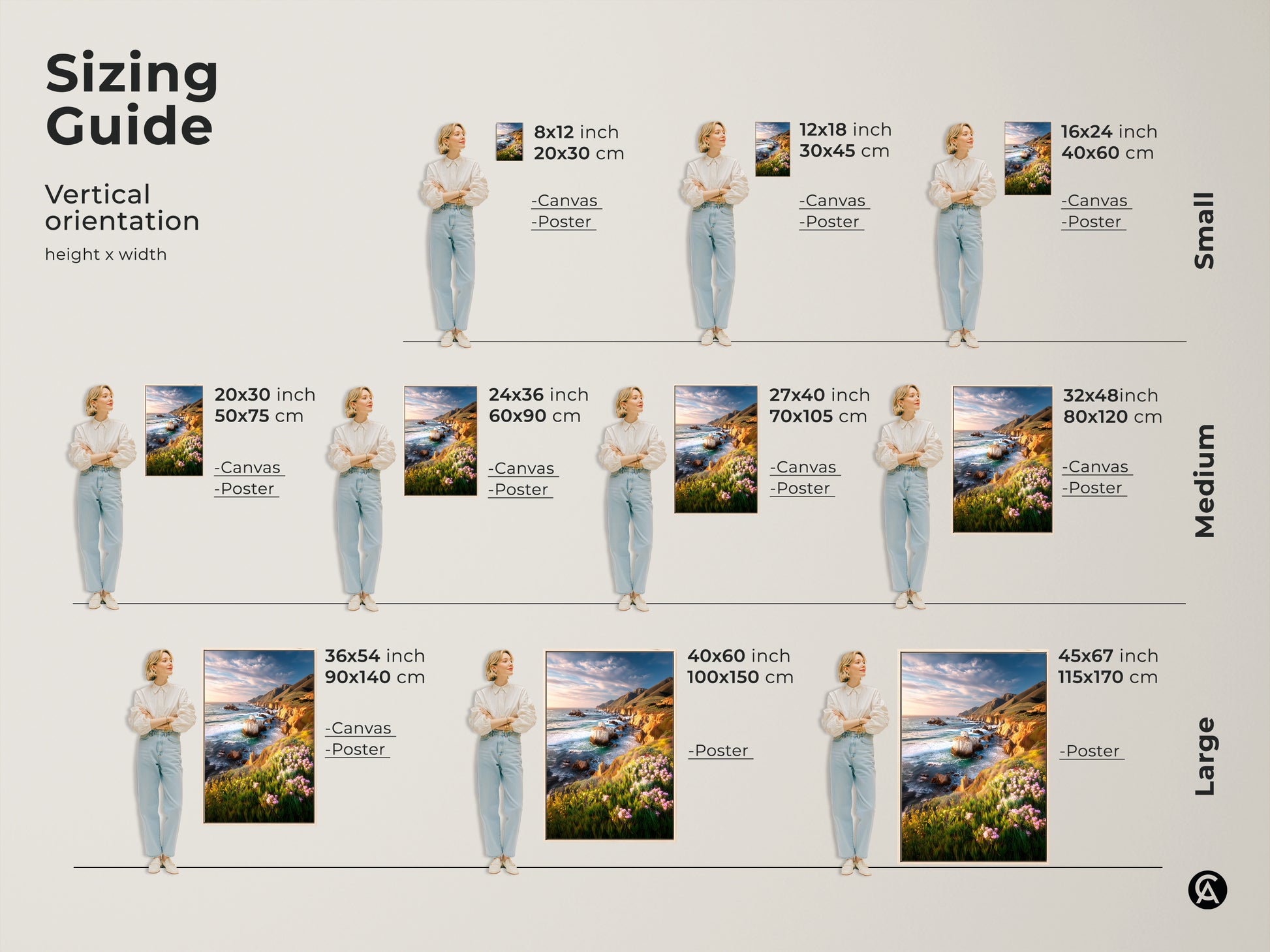 Sizing guide for vertical coastal cliff ocean canvas and poster art. Visualize art in 8x12 to 45x67 inches. This guide helps you select the perfect size for your space. Featuring vibrant wildflowers and a scenic ocean landscape. Ideal for housewarming gifts.
