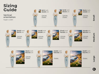 Sizing guide for vertical coastal cliff ocean canvas and poster art. Visualize art in 8x12 to 45x67 inches. This guide helps you select the perfect size for your space. Featuring vibrant wildflowers and a scenic ocean landscape. Ideal for housewarming gifts.
