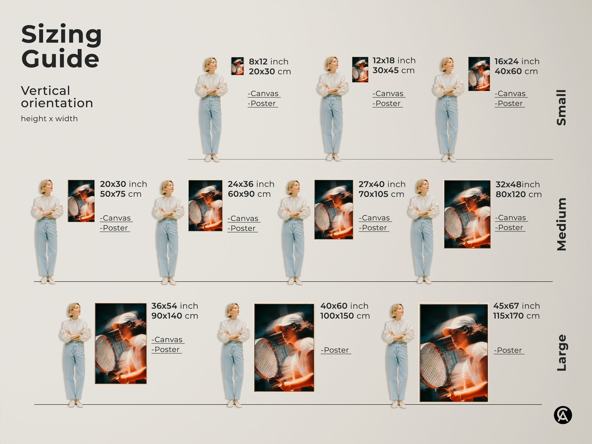 Sizing guide for tennis player artwork. Vertical orientation options include canvas and poster prints. Select from small medium and large sizes to fit your space perfectly. Find the ideal dimensions to enhance your home decor with this sporty art.