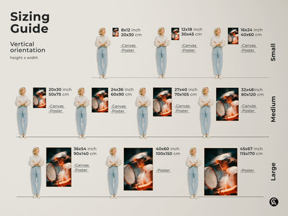 Sizing guide for tennis player artwork. Vertical orientation options include canvas and poster prints. Select from small medium and large sizes to fit your space perfectly. Find the ideal dimensions to enhance your home decor with this sporty art.