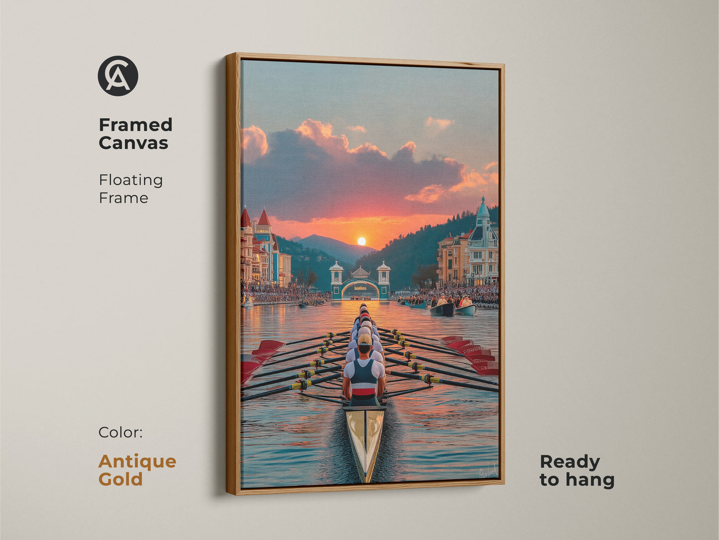 Antique Gold Framed Canvas of Team Scullers. The floating frame highlights the sunset coastal cityscape artwork. It is ready to hang. Ideal art for rowing club. The golden tones enhance the contemporary sports decor.