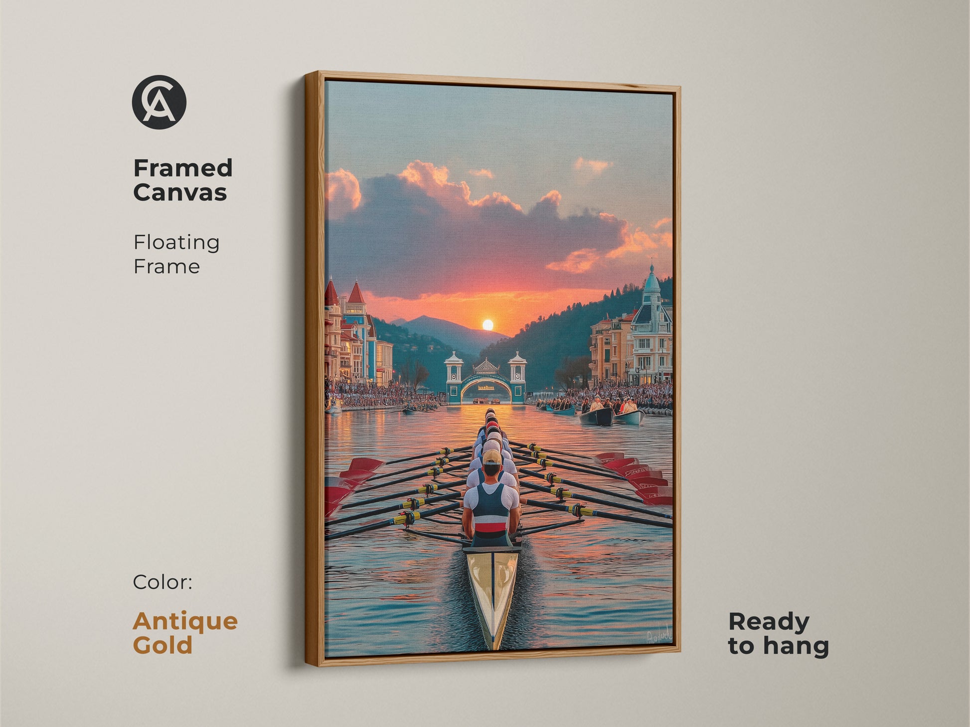Antique Gold Framed Canvas of Team Scullers. The floating frame highlights the sunset coastal cityscape artwork. It is ready to hang. Ideal art for rowing club. The golden tones enhance the contemporary sports decor.