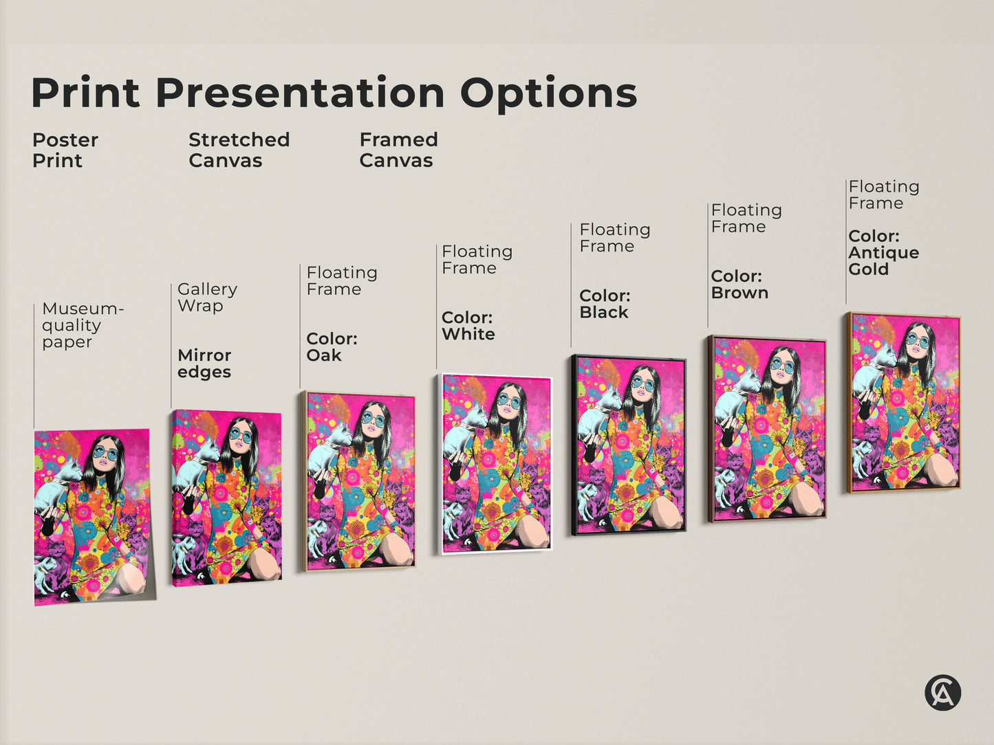 Explore print presentation options for this psychedelic pop art print. Choose from poster print stretched canvas or framed canvas. Each option features a retro woman with cats perfect for eclectic decor.