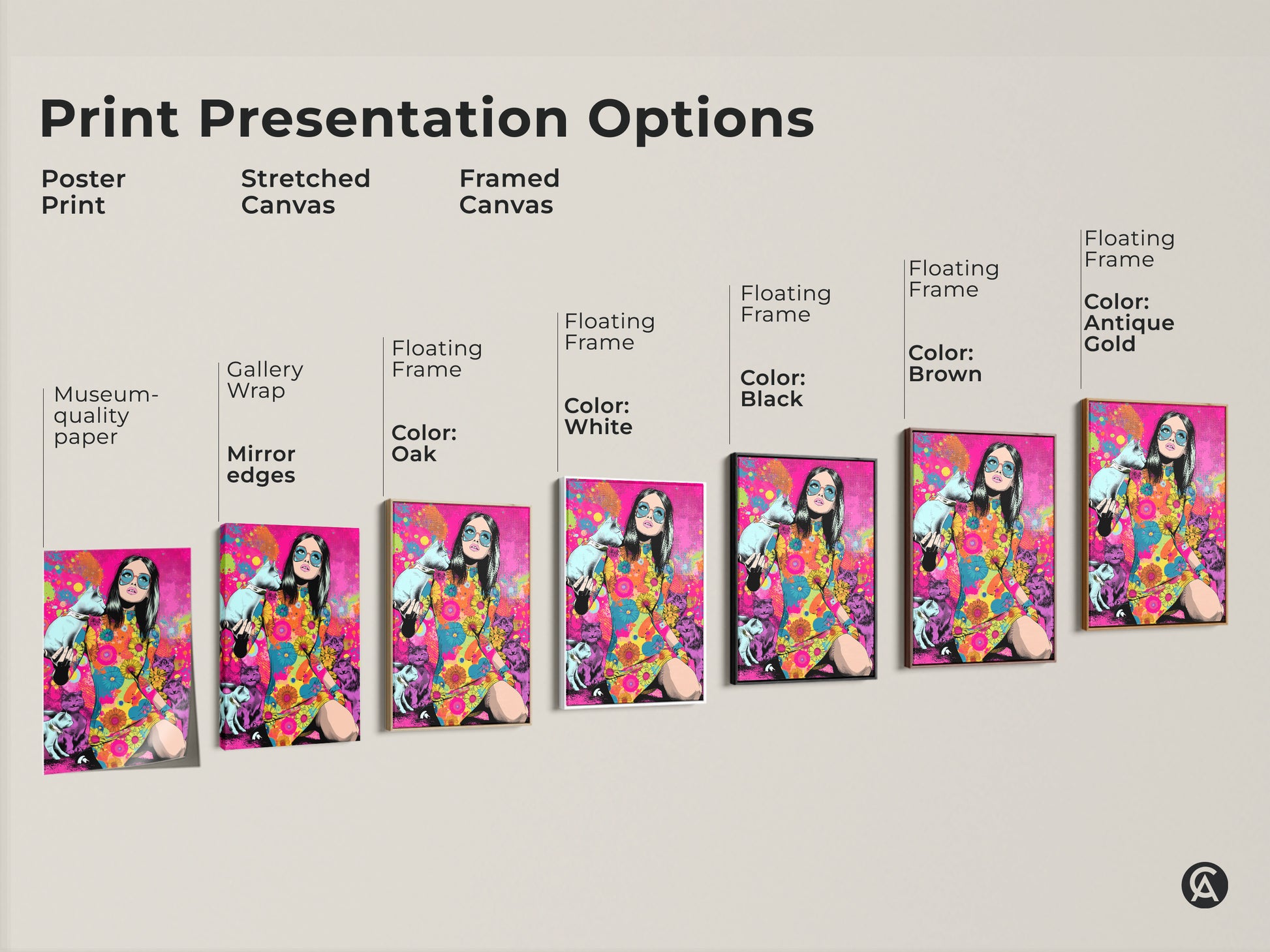 Explore print presentation options for this psychedelic pop art print. Choose from poster print stretched canvas or framed canvas. Each option features a retro woman with cats perfect for eclectic decor.