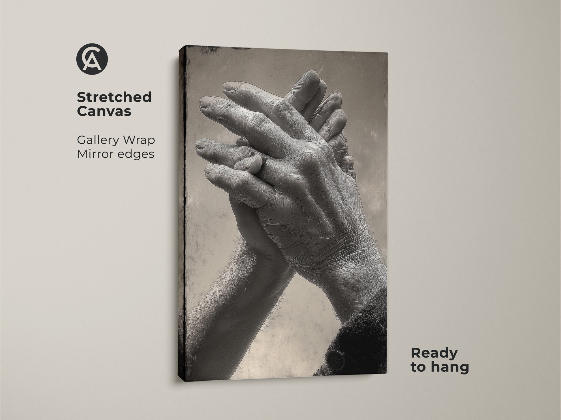 Stretched canvas art featuring abstract intertwined hands. Monochrome couple wall art for a contemporary space. It's ready to hang with gallery wrapped mirror edges. A meaningful black and white anniversary gift idea.
